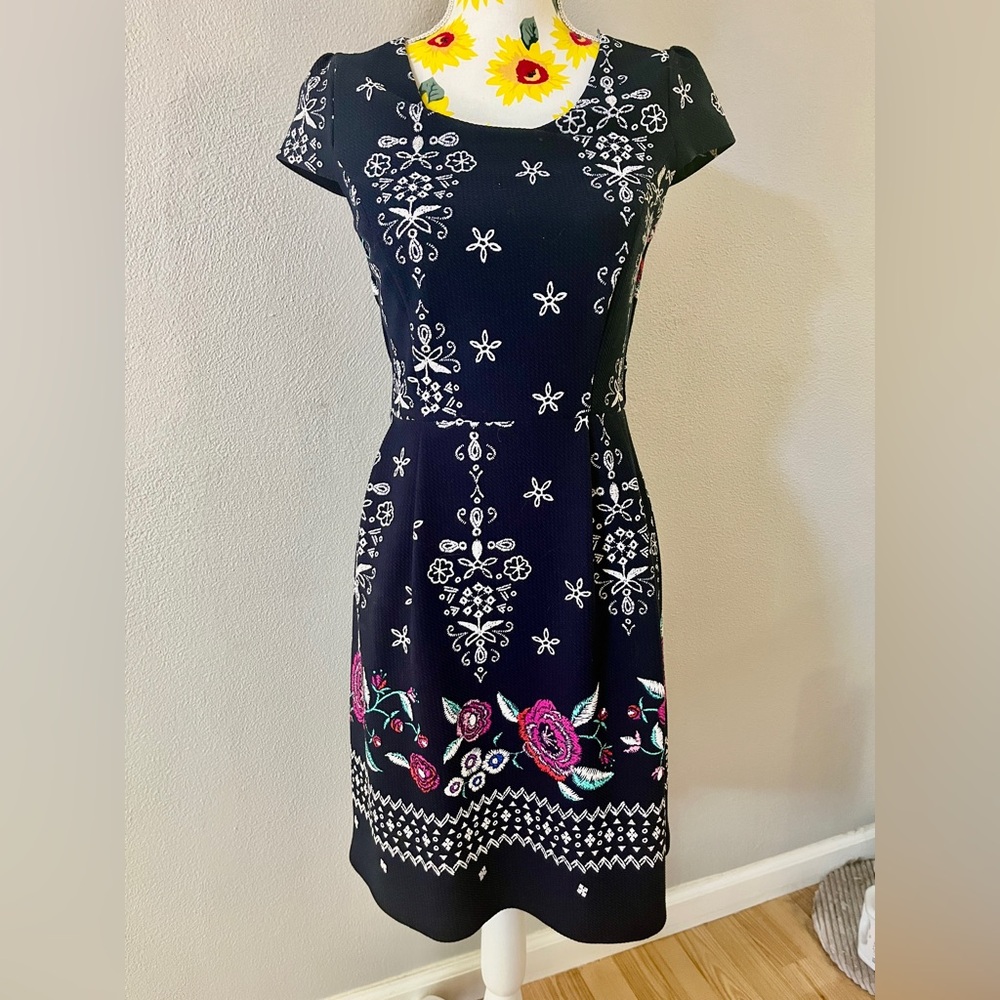 Enfocus Studio Blue and White Midi Sundress with Cap Sleeves